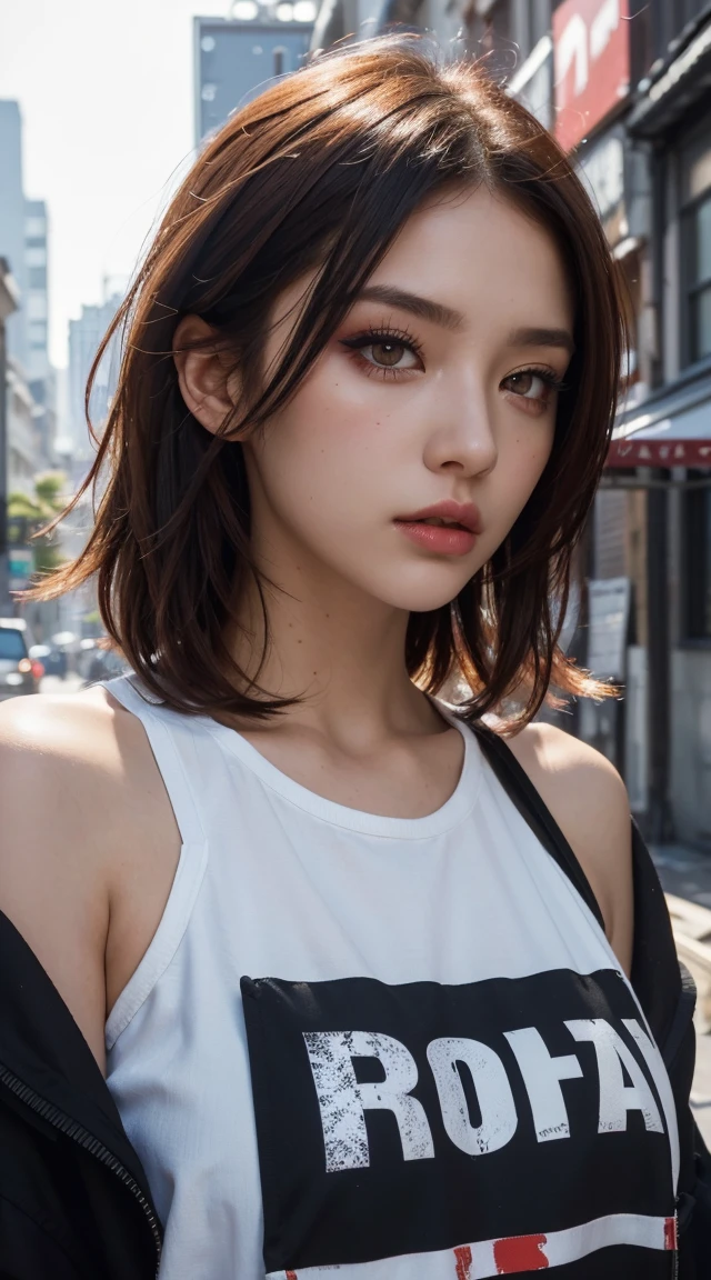 beautiful girl, , Short, bright red, messy hair, Black Eyeshadow, (Street Style Wear:1.2), (Urban Background:1.2), Heavy makeup, Digital Art, Trending on Art Station, highly detailed, The finer details, Complex, beautiful detailed glow, detailed, Cinematic Light, High resolution, detailed facial features,Sharp focus, Smooth, beautiful,Cup Noodles Bukkomi Rice