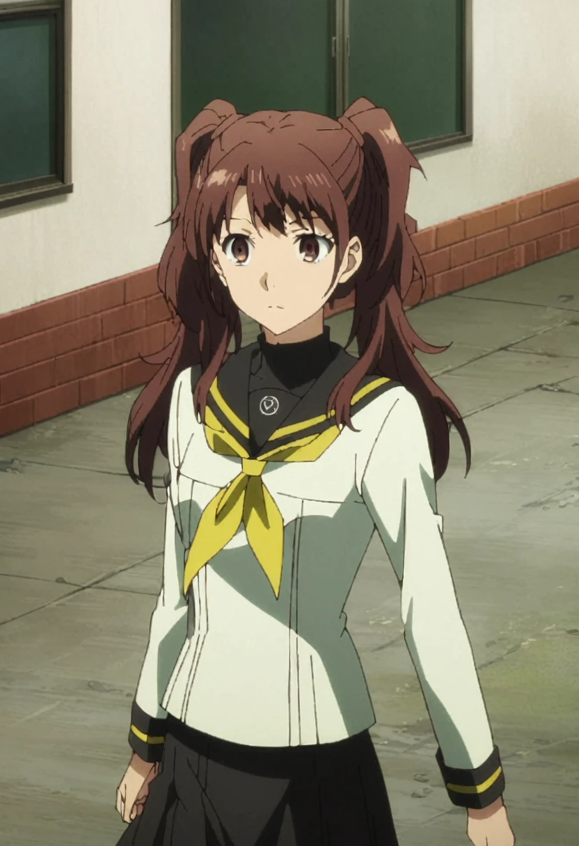 ,(upperbody:1.5),dsrise, brown hair, long hair, twintails, brown eyes, yasogami , serafuku, black thighhighs, 1girl, solo ,standing, school,ground, cinematic, anime screencap, official art, masterpiece, best quality,studio anime,, walking,