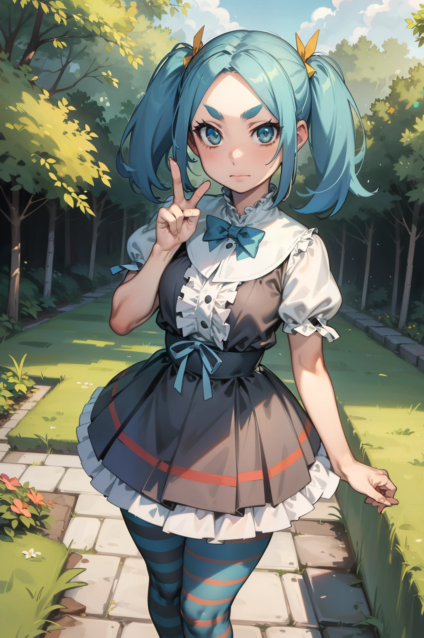 1 girl, standing alone, gazing at viewer,
ononokiyotsugi, water hair, shorth hair, olhos inerdes, twintails, Thick eyebrows, 
striped pantyhose, blue and gray pantyhose, inestir, orange inestir, throat of a branch turtle, white frills, ha, puff sleeves, manga curta, 
Garden, árinores, close up,
in, peace sign, 
inexpressiino, cloused mouth, Saturated colorful