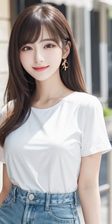(Highest quality, 8k wallpaper, Tabletop, Ultra HD: 1.3), Women in reality、A woman around 25 years old,Japanese women、Beautiful skin,healthy, Large bust, Black Hair, Hair behind the ear, Hairstyle to the shoulders, Slim figure, Ultra Fine Face, Delicate lips, Beautiful Eyes, double eyelid, lipstick, Tight Skirt , Beautiful feet ,White T-shirt、masutepiece、Super detailed、Attention to detail、High resolution、Perfect dynamic composition、Women's Fashion Summer、smile、Cafe、Iced coffee in front of you,front,canon RF85mm F1.2 L USM、Canon EOS R7,Lighting on face,Beautiful detailed eyes、light makeup、attractive、超High resolution、Surreal、Very detailed、Golden Ratio、(Detail Makeup:1.2)、Has had sex with 10 men、Smiling happily