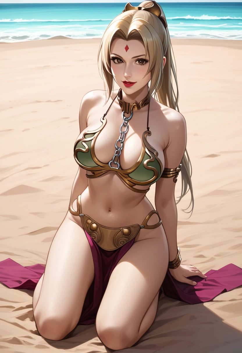 score_9_up, score_8_up, score_7_up, 1girl, solo, female, Tsunade, blonde long tied hair, brown eyes, purple rhombus on forehead, red lips, parted lips, fit slim body, perfect medium erecteast, (((Leia outfit))), (((sand beach))), looking at the viewer, perfect model body, naughty smile, kneeling and showing her tits under her ou((nude tits)), lewd pos