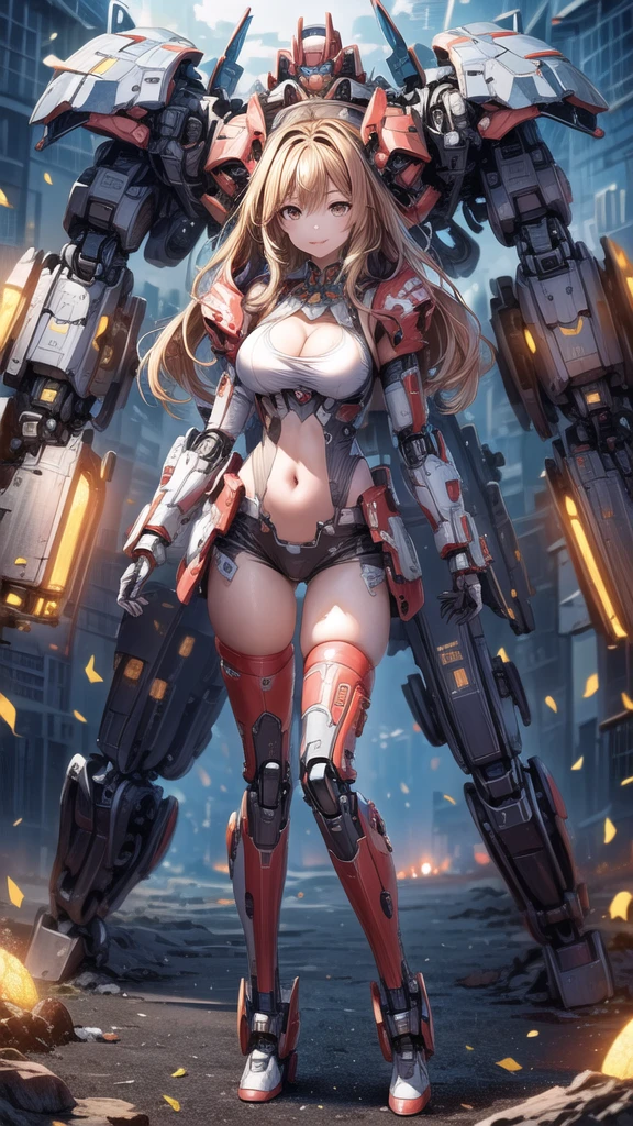 ((Masterpiece, Best Quality)), illustration, ultra-detailed 8K, realistic, clear focus, highly detailed, professional lighting, colorful details, rainbow colors BREAK factory super long shot, (1 large mechanical robot), microchip, computer, luminescence, intricate details, shitu-mecha, 1girl downscale standing in front of the viewer,green armor,wings,missile launcher on hand, navel