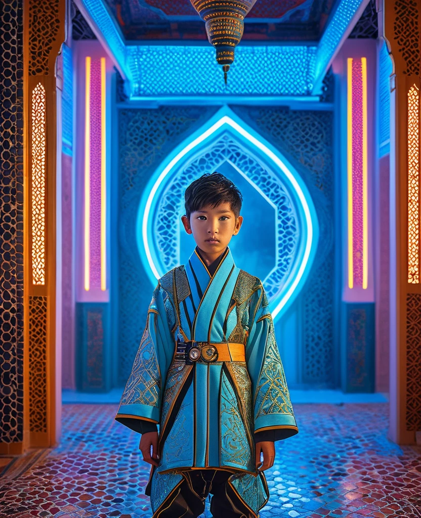 Highly detailed, hyper-realistic portrait of a young Japanese boy, wearing intricate, futuristic fantasy clothes inspired by Moroccan and Tunisian cultures, by Ash Thorp and Simon Stalenhag, vibrant colors, neon lights, subtle mist, modern architecture, Marrakech and Tunisian riad-inspired background, Canon EOS R5, ƒ 2.2, 24 mm, 8k, medium-format print, intricate textures, subtle facial expression, ornate patterns, metallic accents.