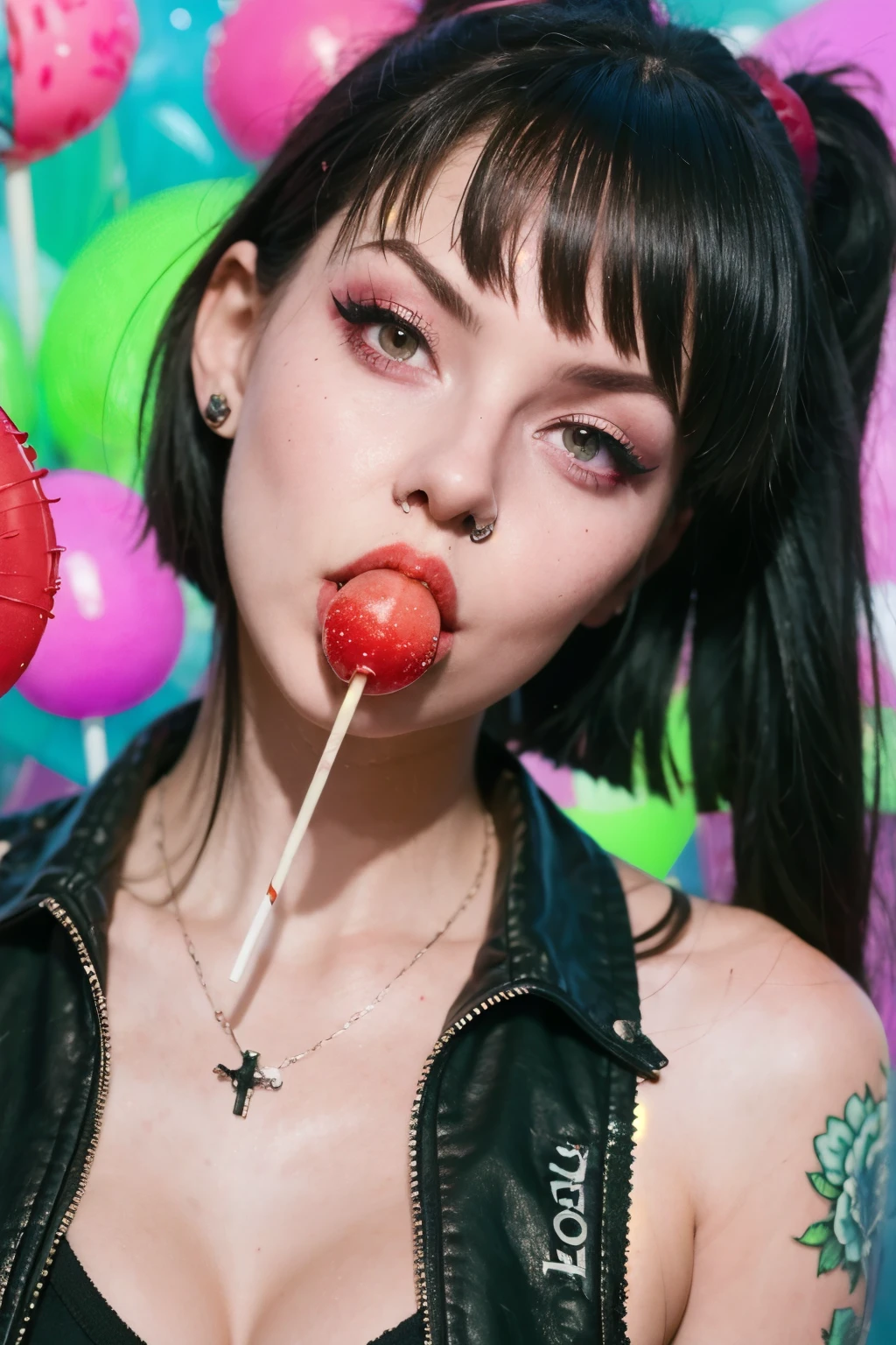 (work of art, best qualityer:1.2), 1 girl, standing alone, high qualiy raw photograph of a young (((goth girl, licking a red lollipop ,holding lollipop on hand))) , ((cut hair with bangs)), vibrant neon colors, cool sunglasses, silhuette, gazing at viewer, praise, ultra HD, precise, texturized skin, super detaill, High details, high qualiy, high resolution, 1080P, 4K