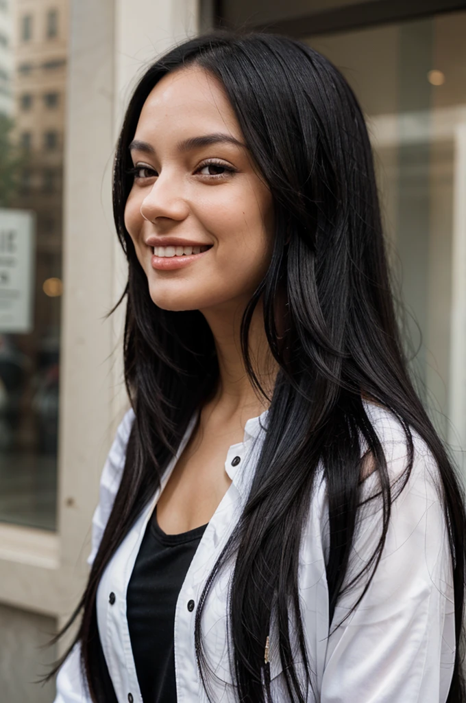 the girl with long black hair was smiling