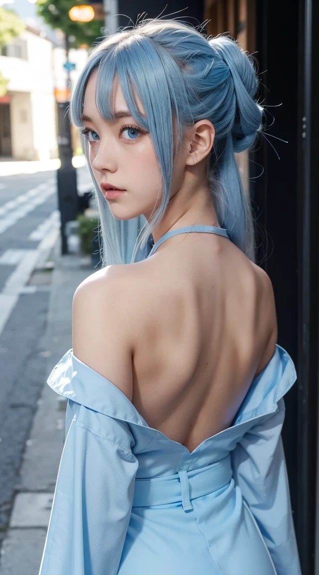 8K, Top Quality, Intricate Details, Ultra Detail, Ultra High Resolution, Masterpiece, ass shot, close up shot, shot from behind, (Looking back), standing, Slender, Smile, (Makeup: 0.4), (Fluffy Blue Eyes: 1.21), blue Eyes, ((full body)), 1girl, solo, 1 girl, (( full body)), close up shot, , ((tall)), (((fit body))), (((slim face))), sharp face, sharp eyes, (( light blue hair, long hair, bangs ,hair hoop,)), (detailed face), sharp face, small lips,
((naked)), detailed face, detailed breast, , large breast, detail ass, large ass , Bust Botox, Big, Perfect Body, detail leg, (( dark background)), black background,