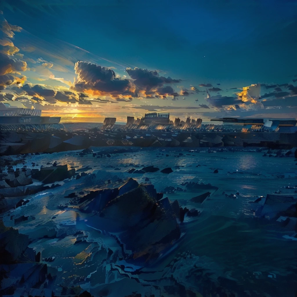 (Highest quality:1.2,Vector art:1.1,鮮やかなcolor彩,Ocean岸,Ocean,beach,Rocky area,街を背景に水域にかかる橋 golden and Blue Hour, Sigma 2.Shot at f1.0mm. 4, Blue Hour, Photo taken with Sony a7r, golden hour in tokyo, photography shot at Blue Hour, Blue Hour photography, color ( Sony a 7 r iv, Sunset)