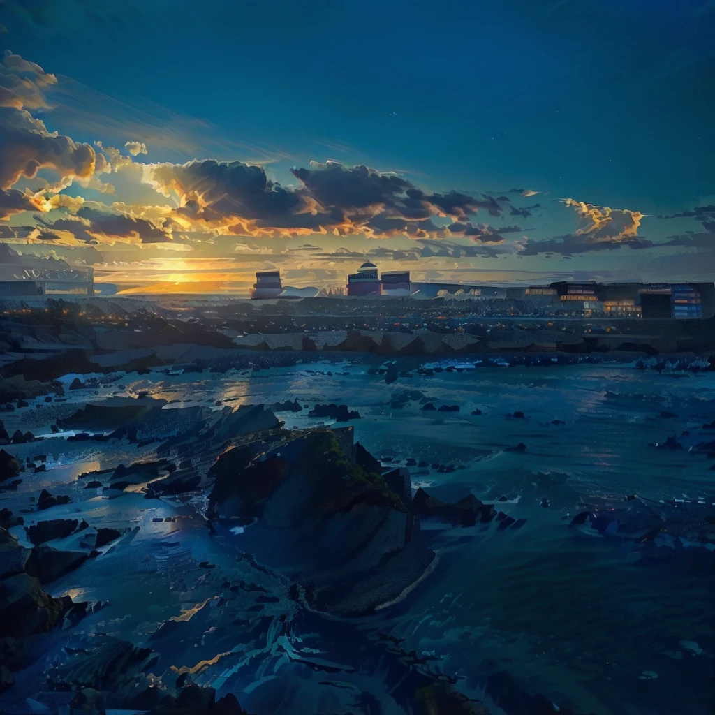 (Highest quality:1.2,Vector art:1.1,鮮やかなcolor彩,Ocean岸,Ocean,beach,Rocky area,街を背景に水域にかかる橋 golden and Blue Hour, Sigma 2.Shot at f1.0mm. 4, Blue Hour, Photo taken with Sony a7r, golden hour in tokyo, photography shot at Blue Hour, Blue Hour photography, color ( Sony a 7 r iv, Sunset)
