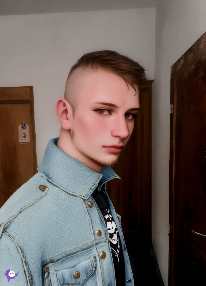 arafed man in a denim jacket and tie standing in a room, twitch streamer / gamer ludwig, around 1 9 , profile picture 1024px, daniil kudriavtsev, patryk hardziej, in style of kyrill kotashev, jakub rebelka, kacper niepokolczycki