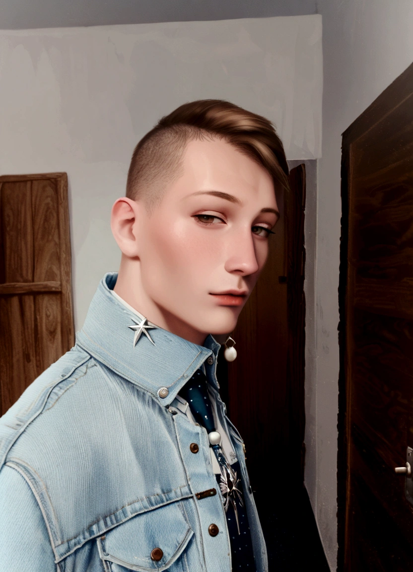 arafed man in a denim jacket and tie standing in a room, twitch streamer / gamer ludwig, around 1 , profile picture 1024px, daniil kudriavtsev, patryk hardziej, in style of kyrill kotashev, jakub rebelka, kacper niepokolczycki