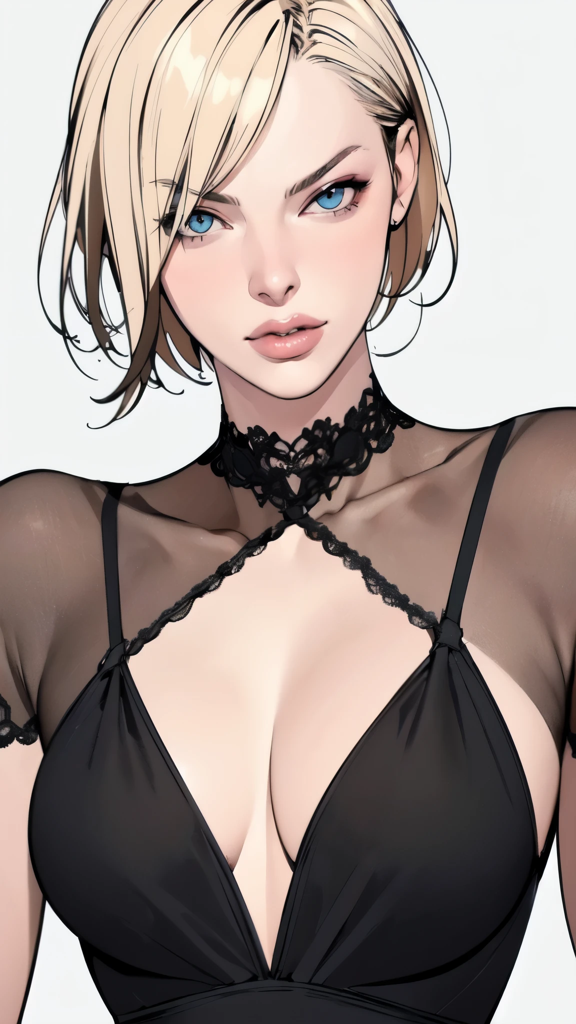 (masterpiece:1.2, Highest quality),8K,wallpaper,(An illustration),(Milla Jovovich), Upper body close-up,front,short hair,Wearing a black dress,Perfect Eyes,Detailed face,,Sexy expression,Cool woman,blonde,Abstract background