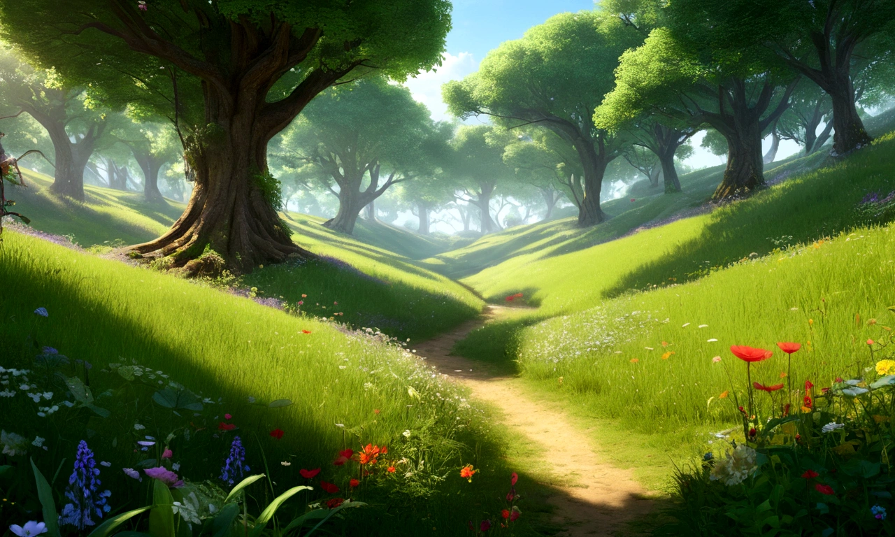 Deep in the mysterious forest、Gentle sunlight through the trees、grassland、Lush forest leaves, grass and wildflowers、Delicious little fruit、Fairy dust floating in the air、The overall atmosphere is dreamy and tranquil.。Different world、Different dimension、Very realistic、Realistic、Surreal、masterpiece、Highest quality、High resolution、8K、3D Rendering、Depth of written boundary、