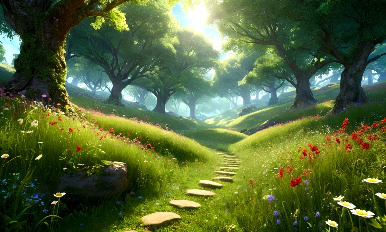 Deep in the mysterious forest、Gentle sunlight through the trees、grassland、Lush forest leaves, grass and wildflowers、Delicious little fruit、Fairy dust floating in the air、The overall atmosphere is dreamy and tranquil.。Different world、Different dimension、Very realistic、Realistic、Surreal、masterpiece、Highest quality、High resolution、8K、3D Rendering、Depth of written boundary、