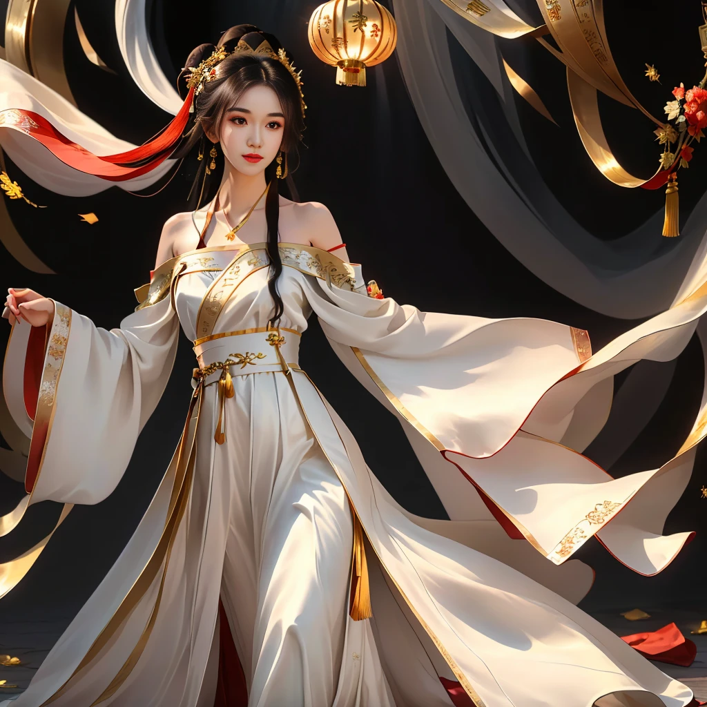 Girl in traditional Chinese clothing, Hanfu, Guzhen Hanfu women, gold Hanfu,(long straight black hair:1.5), black eyes, black bun hairstyle, hair accessories ,white diamond earrings, Bangle Diameter, Dia Necklace, Clear eyes, Facing forward,put on makeup, Long eyelashes ,(gold long shoulder coat:1.5), (Very long skirt, white:1.5), ((Whole body)), ((from below)), Clear face, , (Very beautiful face, Beautiful mouth, beautiful eyes), detailed face, ((Ultra-fine skin)), In the dark, deep shadows, an ancient Chinese girl (Very slim figure 1.3) ,Plump breasts, elegant posture ,(palace in the sky:1.5),