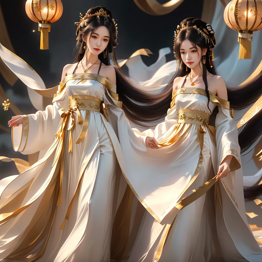 Girl in traditional Chinese clothing, Hanfu, Guzhen Hanfu women, gold Hanfu,(long straight black hair:1.5), black eyes, black bun hairstyle, hair accessories ,white diamond earrings, Bangle Diameter, Dia Necklace, Clear eyes, Facing forward,put on makeup, Long eyelashes ,(gold long shoulder coat:1.5), (Very long skirt, white:1.5), ((Whole body)), ((from below)), Clear face, , (Very beautiful face, Beautiful mouth, beautiful eyes), detailed face, ((Ultra-fine skin)), In the dark, deep shadows, an ancient Chinese girl (Very slim figure 1.3) ,Plump breasts, elegant posture ,(palace in the sky:1.5),