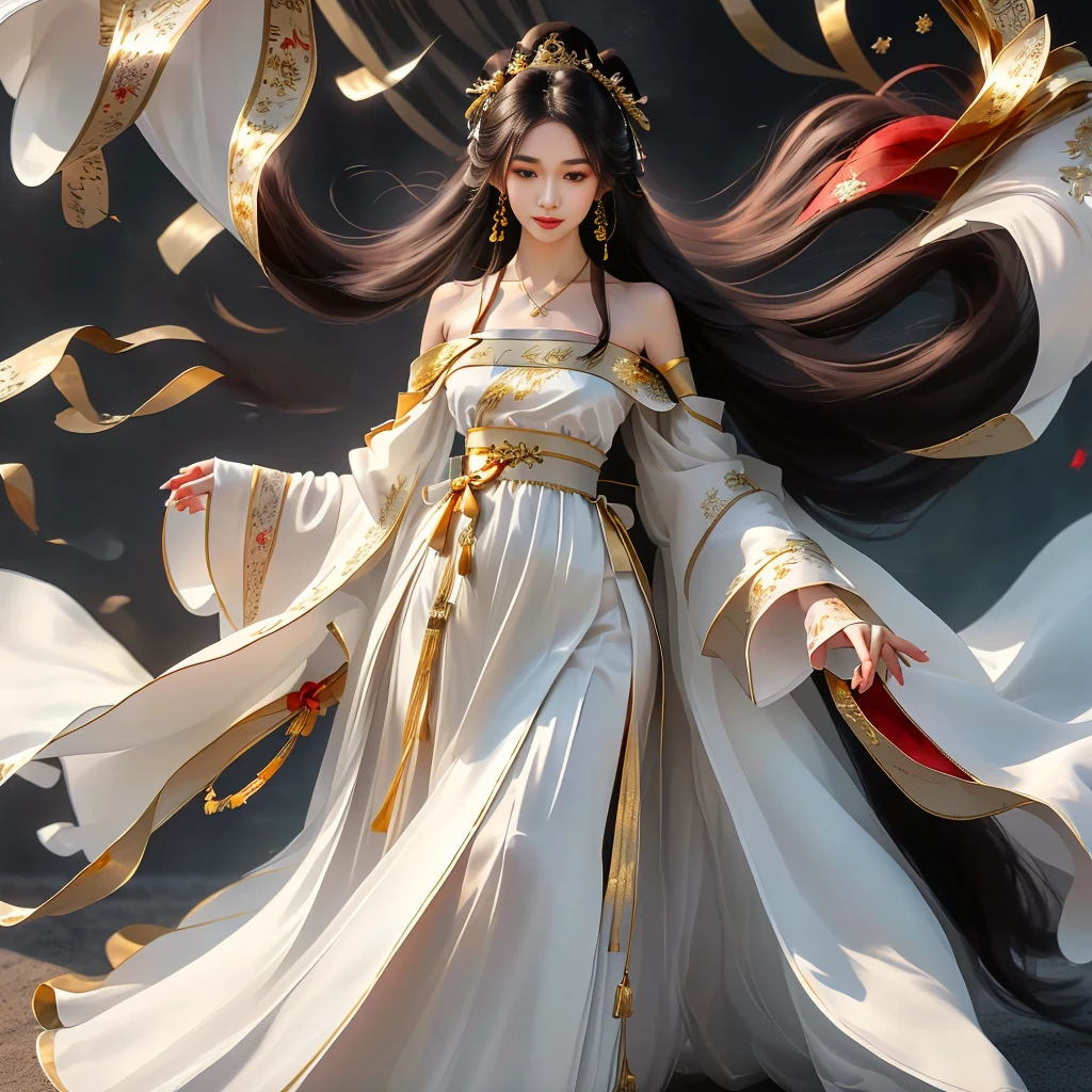 Girl in traditional Chinese clothing, Hanfu, Guzhen Hanfu women, gold Hanfu,(long straight black hair:1.5), black eyes, black bun hairstyle, hair accessories ,white diamond earrings, Bangle Diameter, Dia Necklace, Clear eyes, Facing forward,put on makeup, Long eyelashes ,(gold long shoulder coat:1.5), (Very long skirt, white:1.5), ((Whole body)), ((from below)), Clear face, , (Very beautiful face, Beautiful mouth, beautiful eyes), detailed face, ((Ultra-fine skin)), In the dark, deep shadows, an ancient Chinese girl (Very slim figure 1.3) ,Plump breasts, elegant posture ,(palace in the sky:1.5),