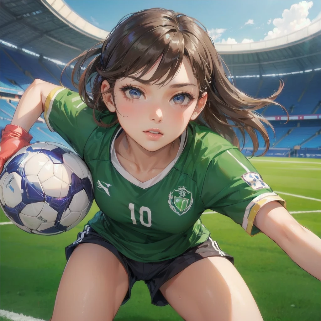  masterpiece, (textured skin), best quality, gorgeous beautiful girl, (a female soccer athlete), detailed clothes,large breasts,narrow waist,, (beautiful face), cinematic lighting, (at soccer venue ),