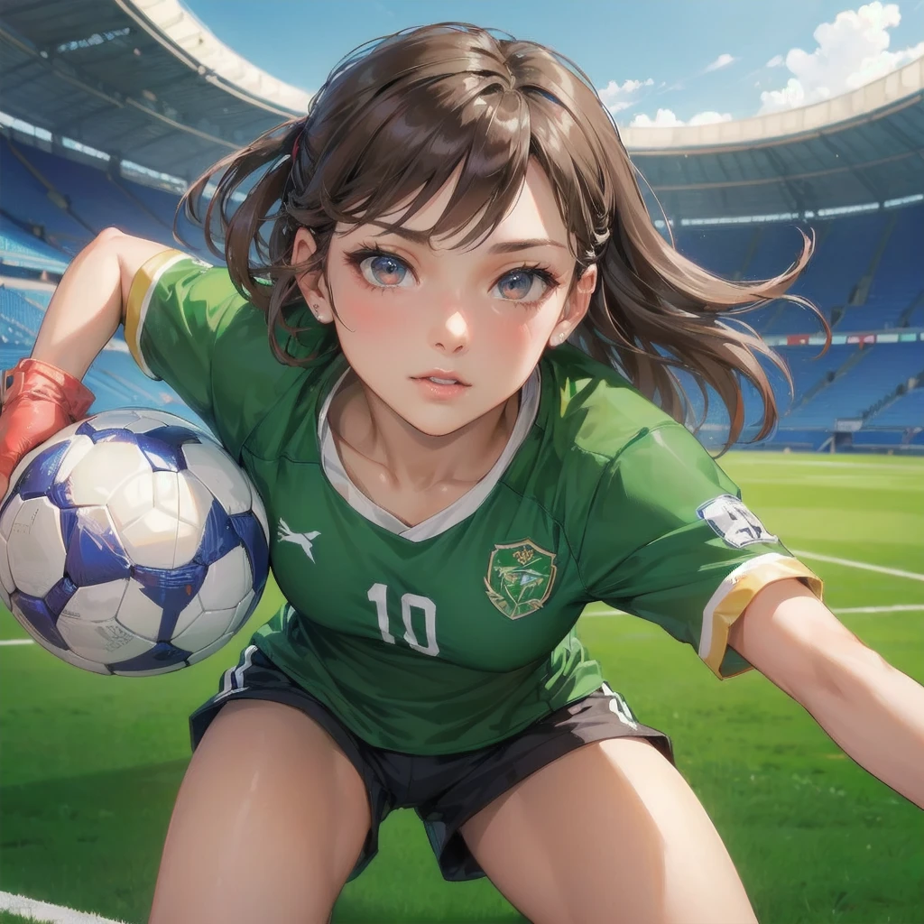 masterpiece, (textured skin), best quality, gorgeous beautiful girl, (a female soccer athlete), detailed clothes,large breasts,narrow waist,, (beautiful face), cinematic lighting, (at soccer venue ),