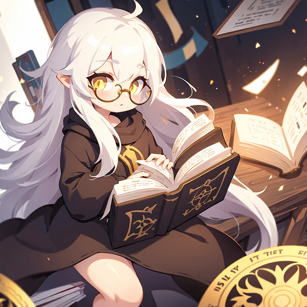 Boy, White hair, long hair, yellow eyes, detailed, circle glasses, with book