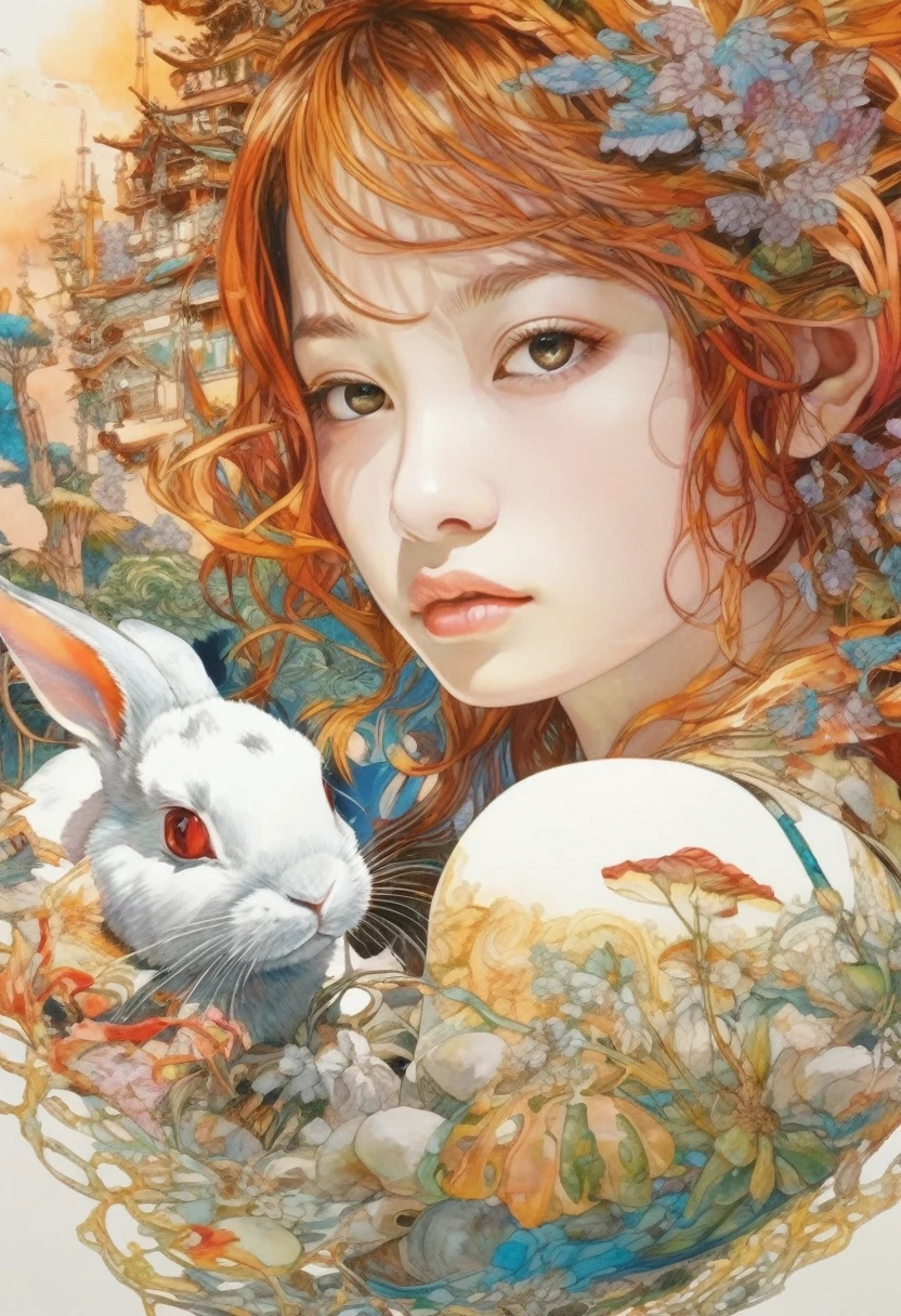 artwork:Katsuya Terada
8k, High resolution, A complex and intricate masterpiece, (Summer vacation:1.2), (rabbit and girl:1.1), transparent, Glowing red eyes, Rabbit with black eyes, Medium Shot, Ash-colored hair, Organic Shapes, Hard Edge, Anatomically correct body,  Ultra-realistic, Rabbit Elegant,Cinema Lighting, Very detailed, Vibrant colors, Octane Rendered Cat, Surreal atmosphere, Award-winning works, Bright and rich colors, iridescent accents, Dramatic Shadows,Dynamic and atmospheric lighting, Anamorphic Lens, Sharp focus, 
An intricate and detailed masterpiece by Katsuya Terada, Katsuya Terada Style, Pop Surrealism, watercolor , Kanna Hashimoto