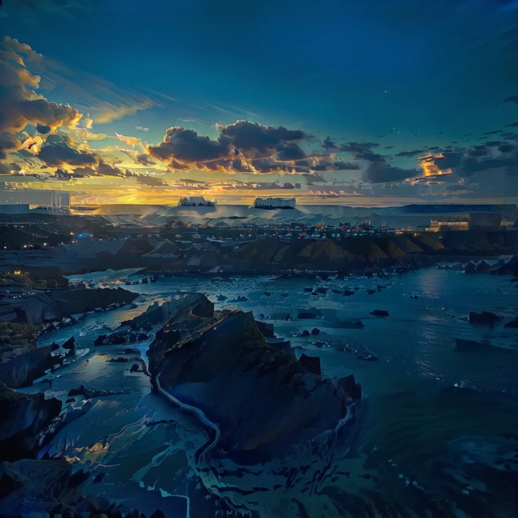(Highest quality:1.2,Vector art:1.1,鮮やかなcolor彩,Ocean岸,Ocean,Rocky area,街を背景に水域にかかる橋 golden and Blue Hour, Sigma 2.Shot at f1.0mm. 4, Blue Hour, Photo taken with Sony a7r, golden hour in tokyo, photography shot at Blue Hour, Blue Hour photography, color ( Sony a 7 r iv, Sunset)