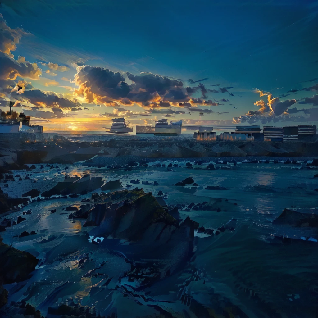 (Highest quality:1.2,Vector art:1.1,鮮やかなcolor彩,Ocean岸,Ocean,Rocky area,街を背景に水域にかかる橋 golden and Blue Hour, Sigma 2.Shot at f1.0mm. 4, Blue Hour, Photo taken with Sony a7r, golden hour in tokyo, photography shot at Blue Hour, Blue Hour photography, color ( Sony a 7 r iv, Sunset)