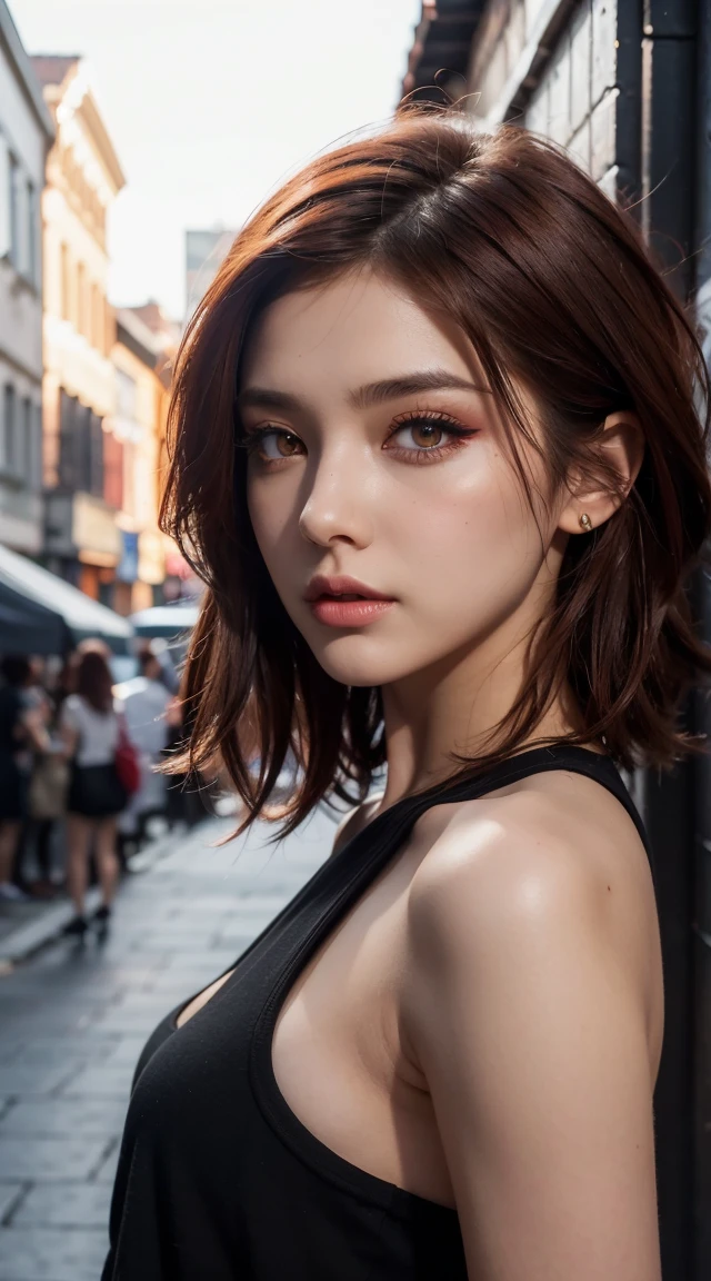 beautiful girl, , Short, bright red, messy hair, Black Eyeshadow, (Street Style Wear:1.2), (Urban Background:1.2), Heavy makeup, Digital Art, Trending on Art Station, highly detailed, The finer details, Complex, beautiful detailed glow, detailed, Cinematic Light, High resolution, detailed facial features,Sharp focus, Smooth, beautiful,Garment Lift,