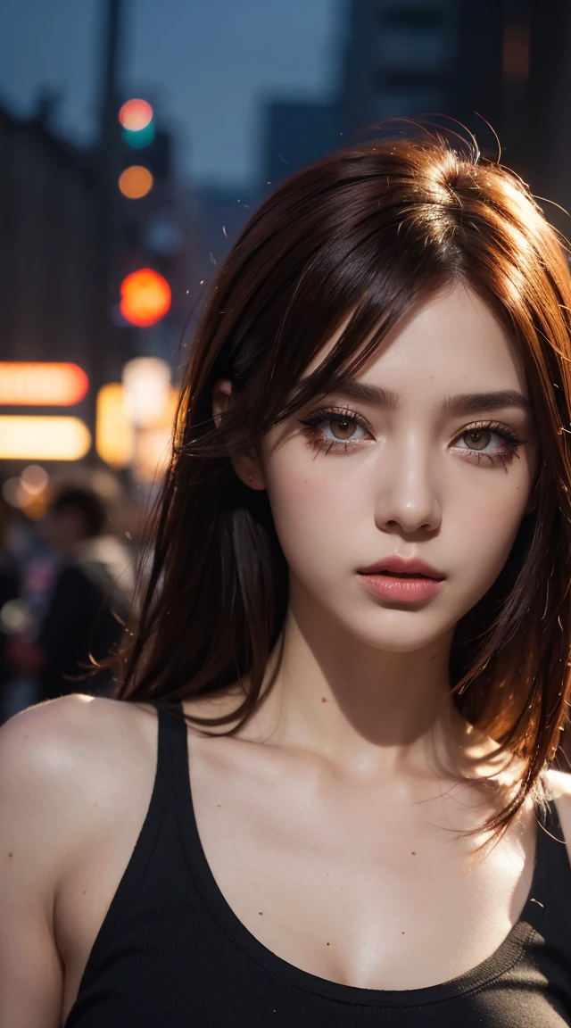 beautiful girl, , Short, bright red, messy hair, Black Eyeshadow, (Street Style Wear:1.2), (Urban Background:1.2), Heavy makeup, Digital Art, Trending on Art Station, highly detailed, The finer details, Complex,  beautiful detailed glow, detailed, Cinematic Light, High resolution, detailed facial features,Sharp focus, Smooth, beautiful,Garment Lift,