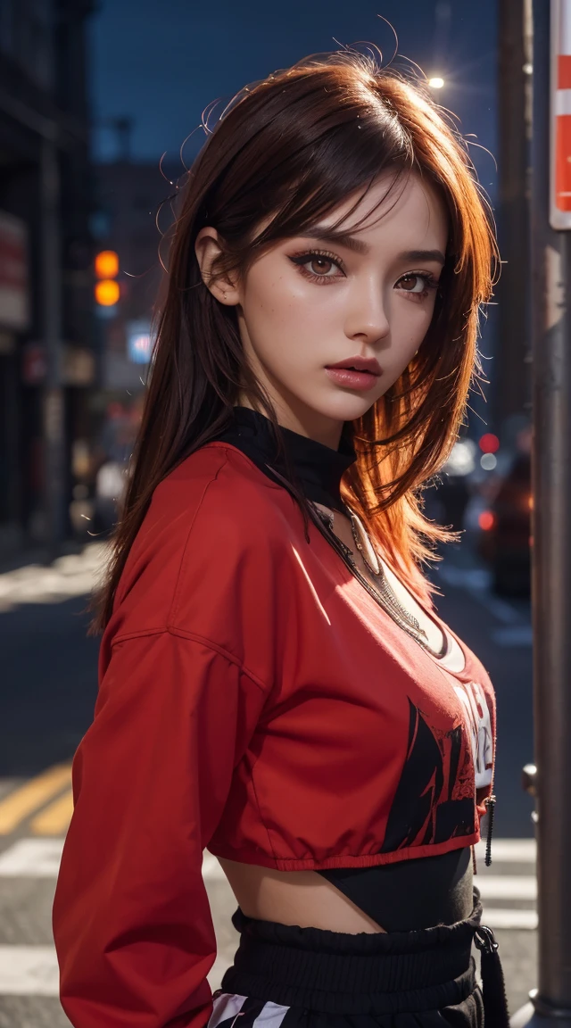 beautiful girl, , Short, bright red, messy hair, Black Eyeshadow, (Street Style Wear:1.2), (Urban Background:1.2), Heavy makeup, Digital Art, Trending on Art Station, highly detailed, The finer details, Complex, beautiful detailed glow, detailed, Cinematic Light, High resolution, detailed facial features,Sharp focus, Smooth, beautiful,Garment Lift,