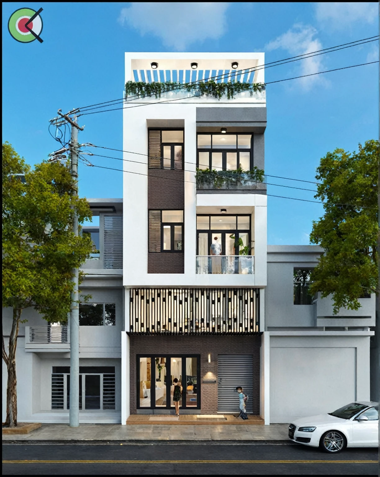 Architectural style, (masterpiece) , (best quality), ((RowHouse)), dramatic lighting, high quality outdoors, sky, day, cloud, tree, blue sky, building, scenery, road, real world location, sunlight, enough detail, high resolution,super realistic, Photorealistic, highly detailed, balcony, plants, door, gate, paving, . Clean lines, geometric shapes, minimalist, modern, architectural drawing, highly detailed