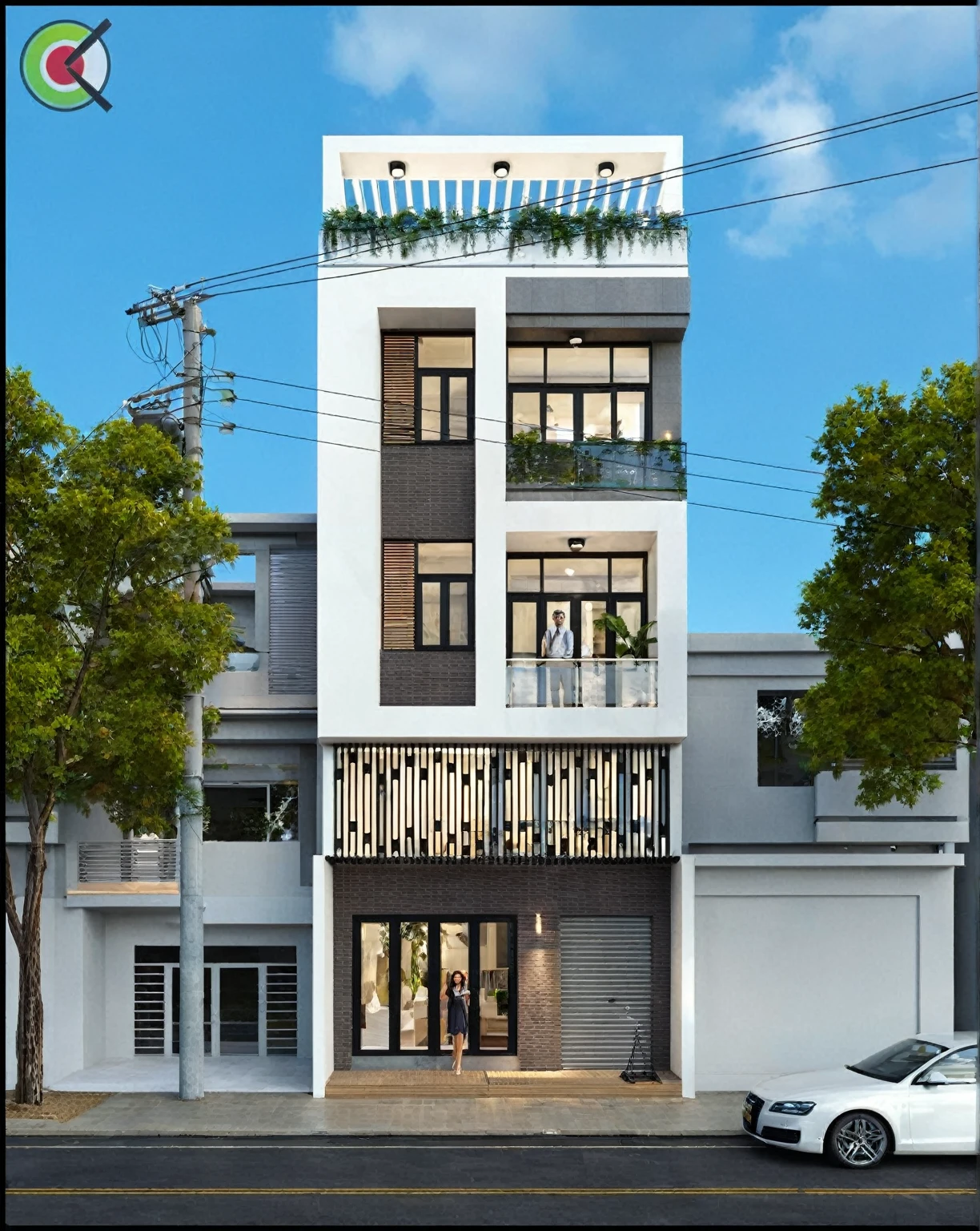 Architectural style, (masterpiece) , (best quality), ((RowHouse)), dramatic lighting, high quality outdoors, sky, day, cloud, tree, blue sky, building, scenery, road, real world location,  sunlight, enough detail, high resolution,super realistic, Photorealistic, highly detailed, balcony, plants, door, gate, paving, . Clean lines, geometric shapes, minimalist, modern, architectural drawing, highly detailed