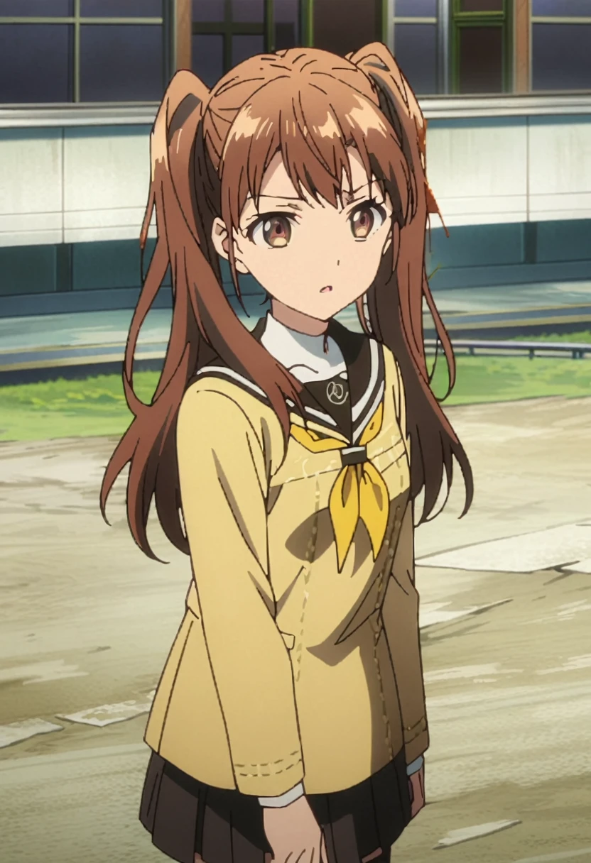 ,(upperbody:1.5),dsrise, brown hair, long hair, twintails, brown eyes, yasogami , serafuku, black thighhighs, 1girl, solo ,standing, school,ground, cinematic, anime screencap, official art, masterpiece, best quality,studio anime,, walking,