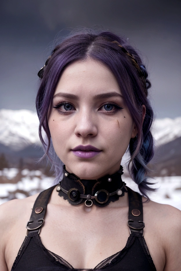 (photoshot_(average):1.2), by Antonio J.. Manzanedo, por Jeremy Lipking, 1 girl, looking at the camera, (facing at viewer:1.1), (photoshotrealistic:1.2), hyper realist, photoshotrealism, close up, head and shoulders, purple hair with rainbow locks, shorth hair, hypdertailed, bangss, blue colored eyes, friendly, eyelash, Steampunk, sleeveless, underground skin dispersal, snowy mountain background, symetry, Depth of field, 8K, Visual effects, hdr, RTX