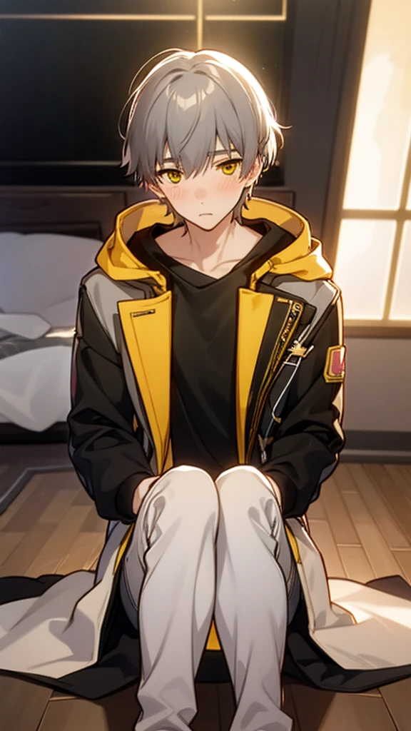 Best quality, masterpiece, A high resolution, male focus, 1 boy, One, only, gray hair, Celus, yellow eyes, Looking at the viewer, detailed face, very detailed, Beautiful, Beautiful lighting, blush, convex, divine rays, rays of light,  ,  depth of field, formal, yellow and black jacket, blush, Sitting, Subing, Sub,  warm, room, wooden floor, blanket, Stuffed Toys (Each color block is clearly distinguishable:1.1), 