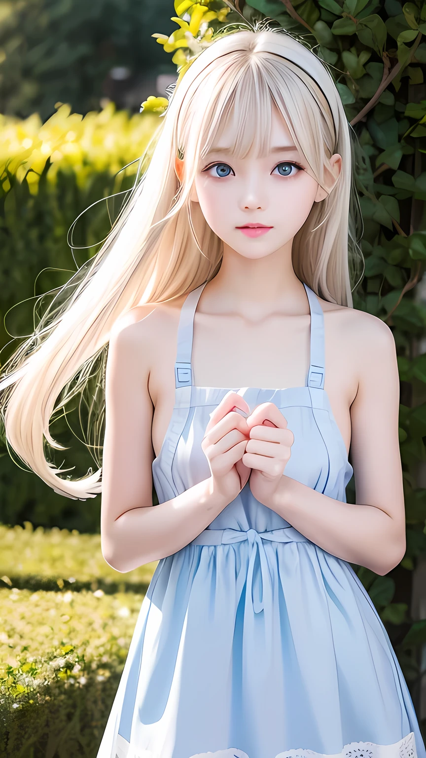 Highest quality、Ultra-high resolution、photograph、Cute beautiful girl photograph、Detailed cute and beautiful face、(Pure Eros Face_v1:0.008)、Alice in Wonderland、 old beautiful girl、Very white and shiny skin、Bangs between the eyes、Ultra long platinum blonde super long straight silky hair、Thin Hair、Beautiful, large, light blue eyes、White Apron、Blue Dress、No makeup