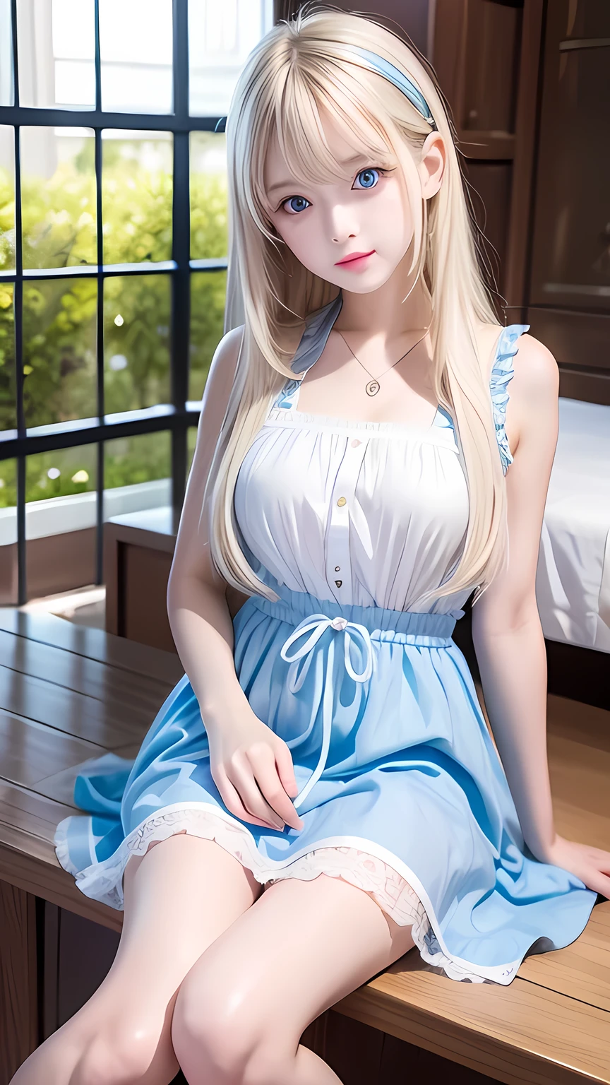 Highest quality、Ultra-high resolution、photograph、Cute beautiful girl photograph、Detailed cute and beautiful face、(Pure Eros Face_v1:0.008)、Alice in Wonderland、13 year old beautiful girl、Very white and shiny skin、Bangs between the eyes、Ultra long platinum blonde super long straight silky hair、Thin Hair、Beautiful, large, light blue eyes、White Apron、Blue Dress、No makeup