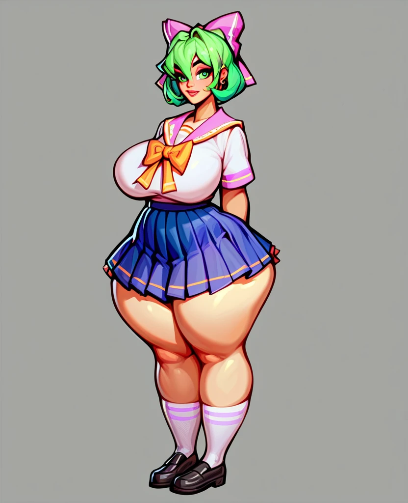 Fraction_9,Fraction_8_Direction_7_Direction_6_Direction_5_Direction_4_up,Green short hair,Green Eyes,Bow tied at the back of the head,Purple and sailor collar,Striped sailor suit,Blue pleated skirt,White socks,leather shoes,Bean Eyebrows,Wide hips,Thick thighs,Huge breasts,Huge ass,There is a bow at the back of the hair,Hair between the eyes,Sexy,Cute girl,Green Hair,Standing,Face it head on