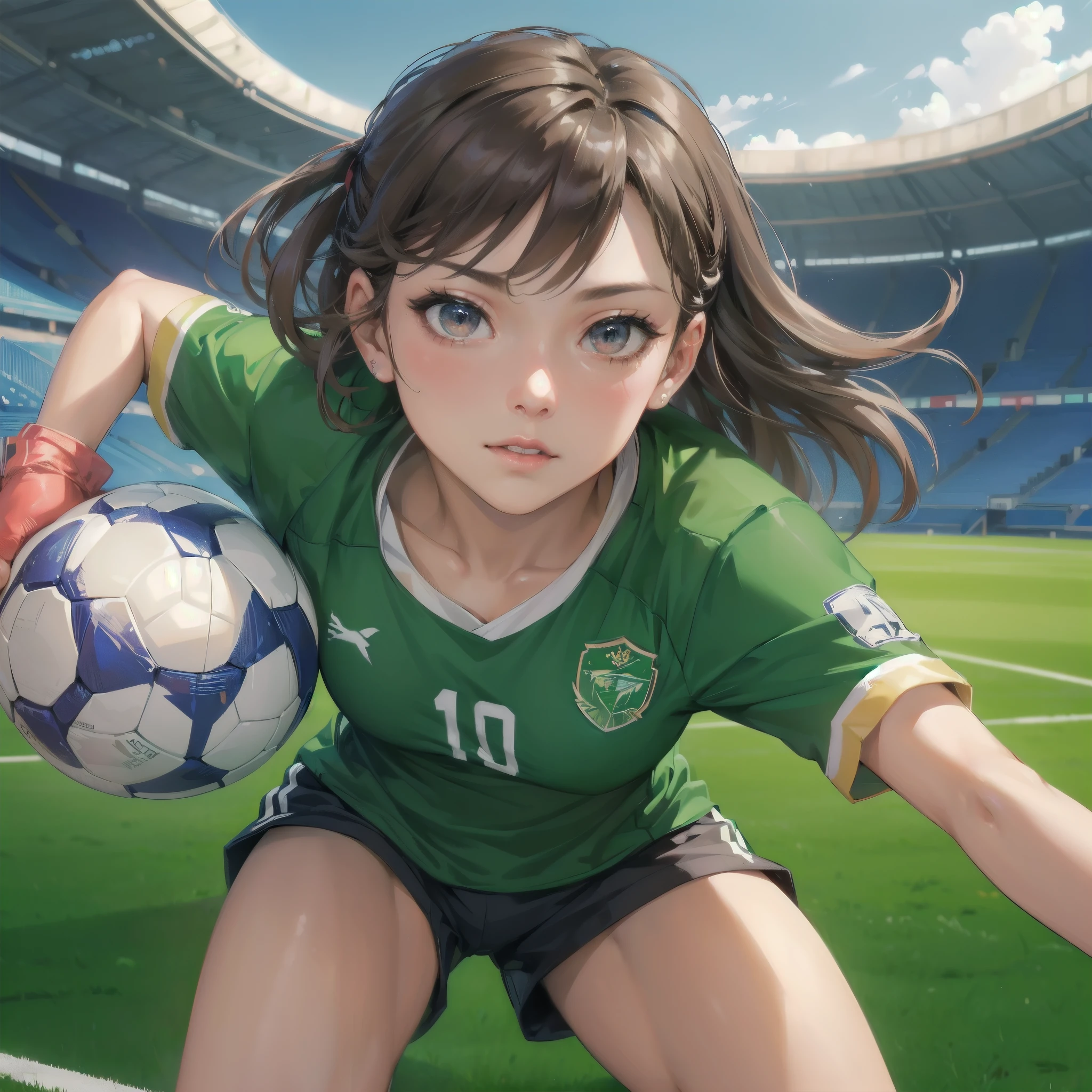  masterpiece, (textured skin), best quality, gorgeous beautiful girl, (a female soccer athlete), detailed clothes,large breasts,narrow waist,, (beautiful face), cinematic lighting, (at soccer venue ),