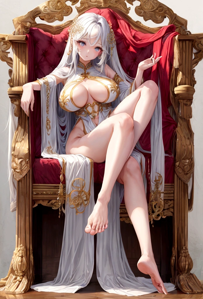 woman showing the soles of her feet、alone、whole body、High leg、high quality、Beautiful Eyes、barefoot、Large Breasts、Long Straight Hair、Background is white