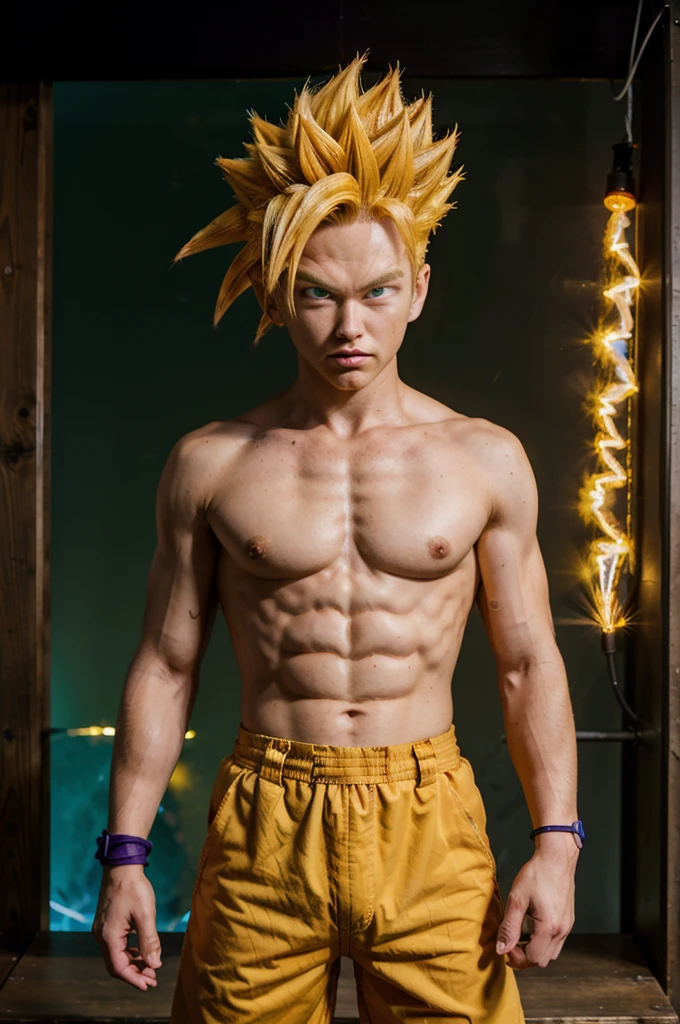 (ssj2), 1boy, yellow hair, green eyes,cowboy shot,yellow aura, electricity,naked purple dougi, purple pants, (blue wristband), red sash, sleeveless,v-neck,looking at viewer,(best quality, masterpiece)
