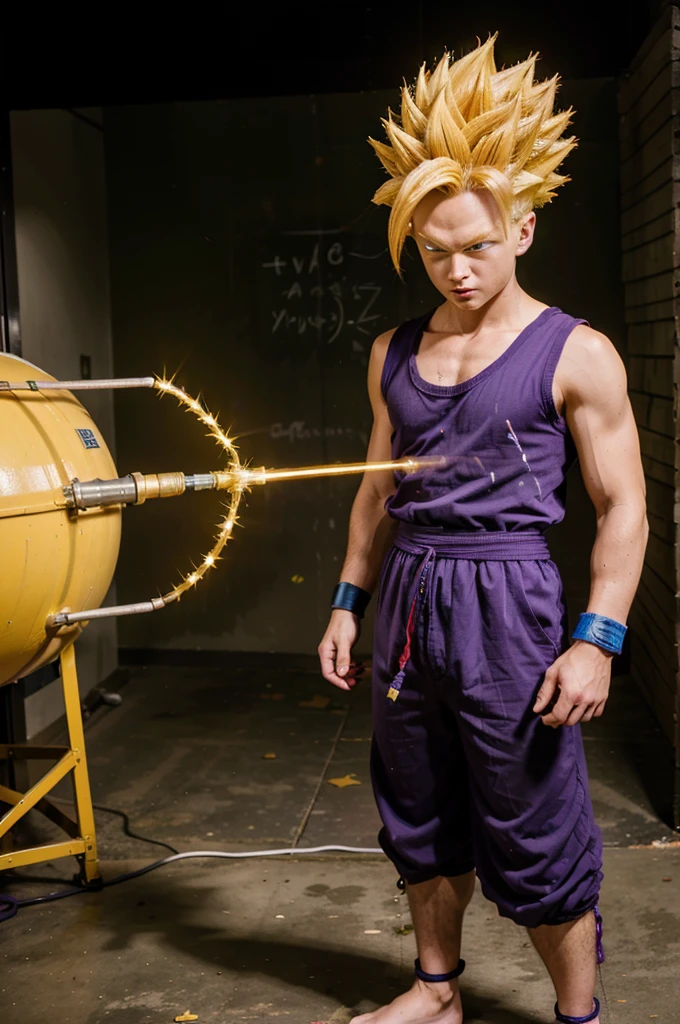 (ssj2), 1boy, yellow hair, green eyes,cowboy shot,yellow aura, electricity,naked purple dougi, purple pants, (blue wristband), red sash, sleeveless,v-neck,looking at viewer,(best quality, masterpiece)     