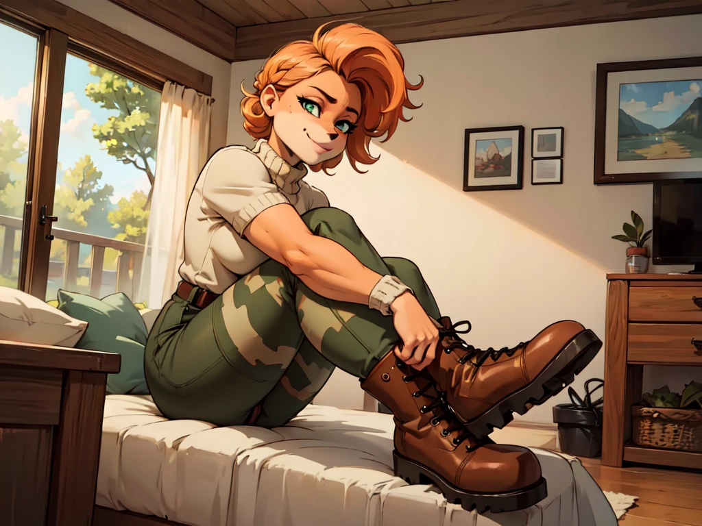 (best quality,4k,8k,highres,masterpiece:1.2),ultra-detailed,realistic:1.37,portrait,anthro bandicoot girl redhead, braided hair, beautiful green eyes, relaxing moment, sexy ,seductive, warm sweater, camouflage pants, army boots, smirking, cozy lighting, vibrant colors , girl anthro , sweater, camouflage pants, army boots, hands to boots