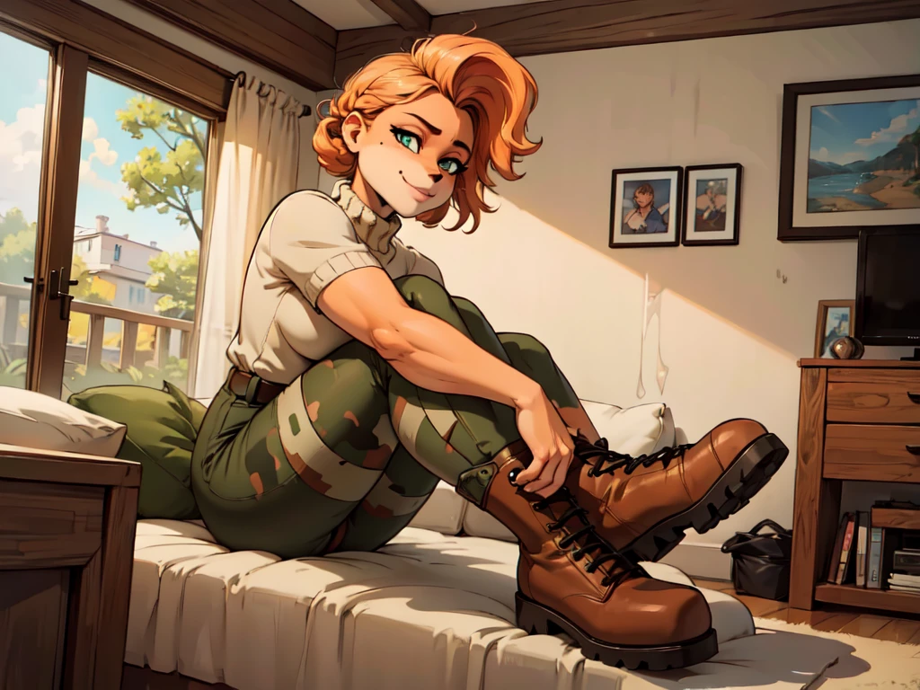 (best quality,4k,8k,highres,masterpiece:1.2),ultra-detailed,realistic:1.37,portrait,anthro bandicoot girl redhead, braided hair, beautiful green eyes, relaxing moment, sexy ,seductive, warm sweater, camouflage pants, army boots, smirking, cozy lighting, vibrant colors , girl anthro , sweater, camouflage pants, army boots, hands to boots