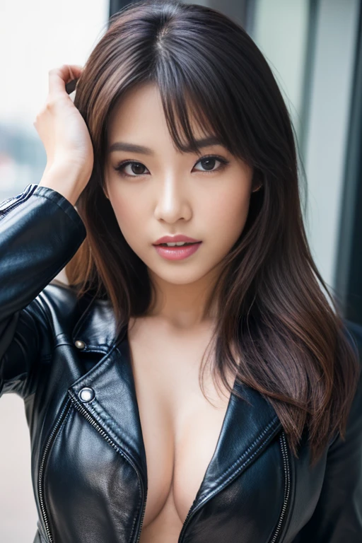 Best quality, 8 k, 32 thousand., masterpiece, uhd: 1.3), Photos of attractive Asian women, young woman, (whole body : 1.0), press, Perfect body, (leather jacket:1.0),(leather pants:1.1),(boots:1.1),ultra detailed face, Detailed lips, Perfect eyes, double eyelids, protruding breasts, long hair, full length