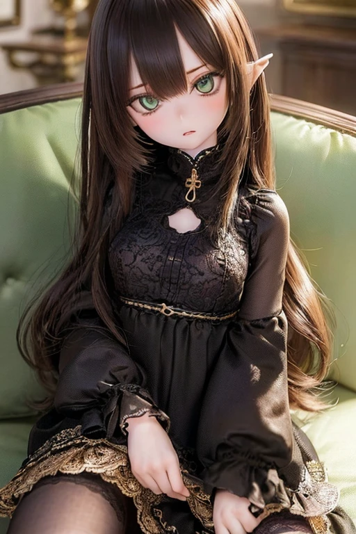 photorealistic, realistic photo, ((highest quality)), ((masterpiece)), extremely detailed, kukolnydom, doll, (woman:1.6), solo, ((cowboy shot)), sitting on sofa, reclining on sofa, skinny, slender, slim, green eyes, brown hair, parted lips, (looking at another, blank eyes, empty eyes, detailed eyes:1.3), dress, castle, 8k