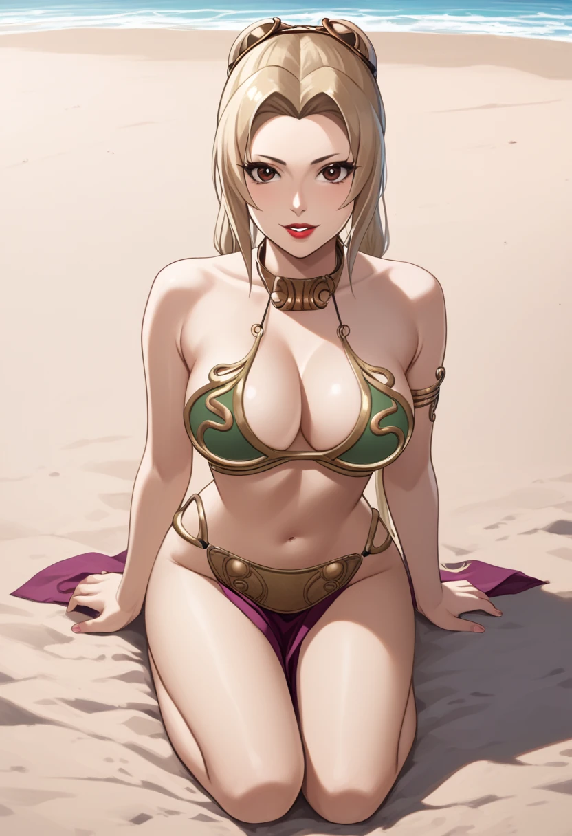 score_9_up, score_8_up, score_7_up, 1girl, solo, mature female, Tsunade, blonde long tied hair, brown eyes, purple rhombus on forehead, red lips, parted lips, fit slim body, perfect medium erected breast, (((slave Leia outfit))), (((sand beach))), looking at the viewer, perfect model body, naughty smile, kneeling and showing her tits under her bra, ((nude tits)), lewd pose, 