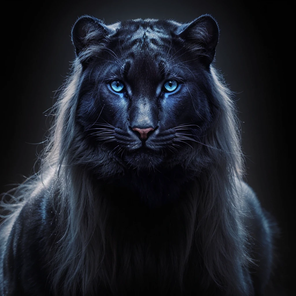 Complete and very real image. Face of a panther woman with long hair, striking indigo blue slanted eyes, very feminine, mischievous look. Photorealism, full view, highly detailed image, very realistic, hyperrealism, Ultra HD, 8k, 5, sharp focus, intricate and mysterious masterpiece. (Long exposure photography Very detailed close-up portrait artistic illustration: final quality, medium shot, backlight, Rich and striking. Enigmatic and mysterious manipulations (composition of the rule of thirds), ((detailed environment with strong lines) The best quality, in camera, white light, warm and clean aesthetics, dazzling screen composed of millions of brilliant ultraviolet rays, HDR.