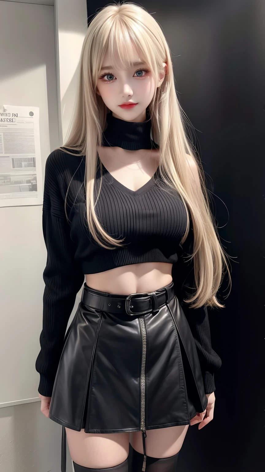 1girl,long hair, blonde hair, bangs, black sweater,v-neck,leather skirt,black thighhighs, brown eyes,standing, midriff,belt,morning_light,newspaper, newspaper wall,((masterpiece, best quality, highly detailed, goodcomposition)),