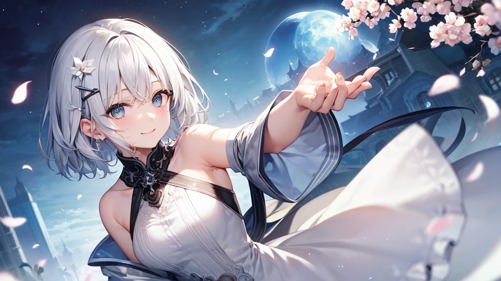 Her eyes were shining、Mysterious and enchanting atmosphere。With AI Painting、とてもShort Hair, Long bangs between the eyes, Very detailed,(masterpiece、Highest quality)、alone、Gray Hair、Fantasy, Silver Hair, Fantasyな風景、White shirt、smile、Open your mouth、Scarf、short hair、Short Hair、hairpin、black eye、Grey Eyes、Beautiful Eyes