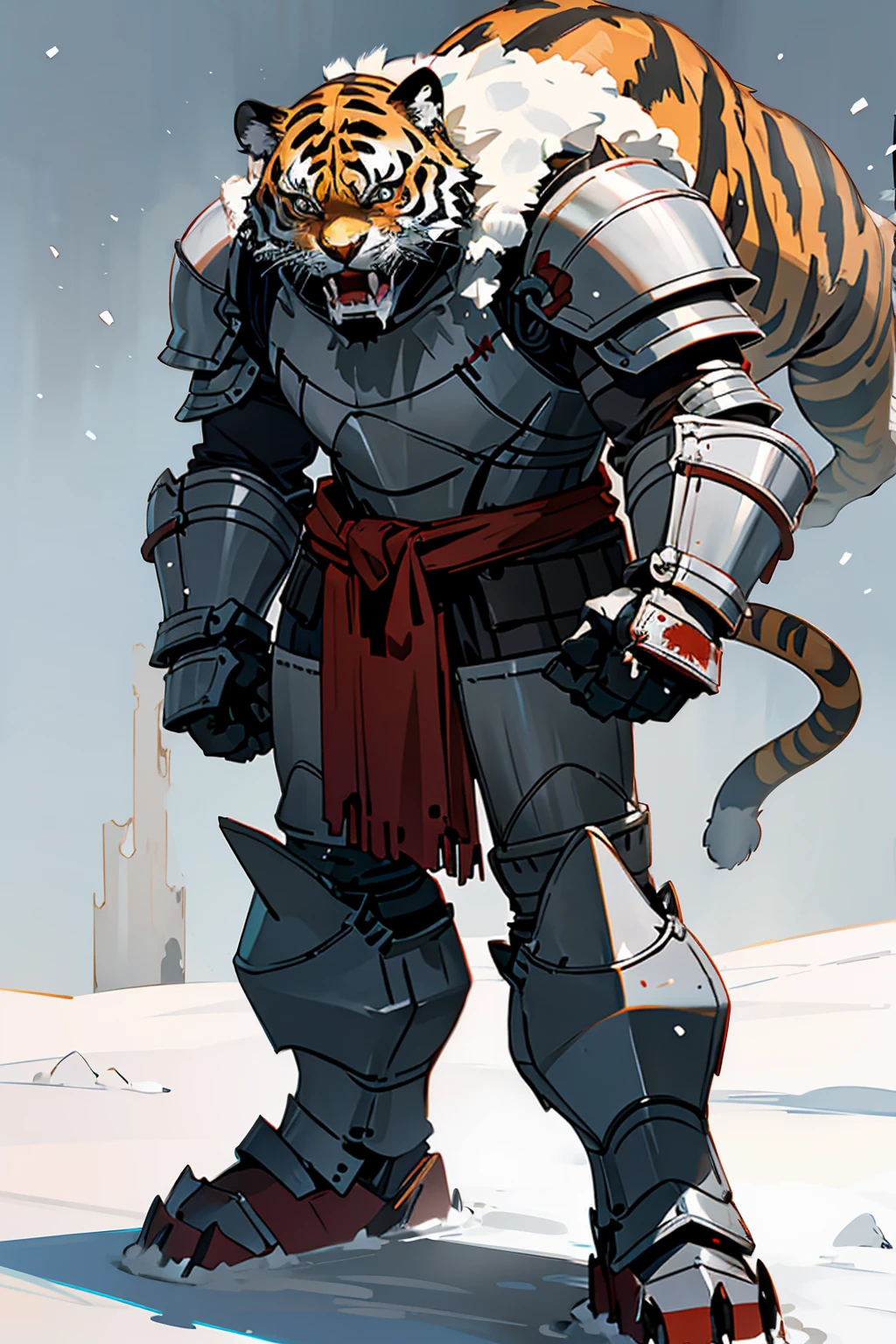 Tiger standing on two legs, snow background, Brutal!, put on armor, Big claws, Thirsty for blood, Big one, Thick fur, no back panel, snow backgroundมืดมิด, conjunctivitis, Demonic Aura
